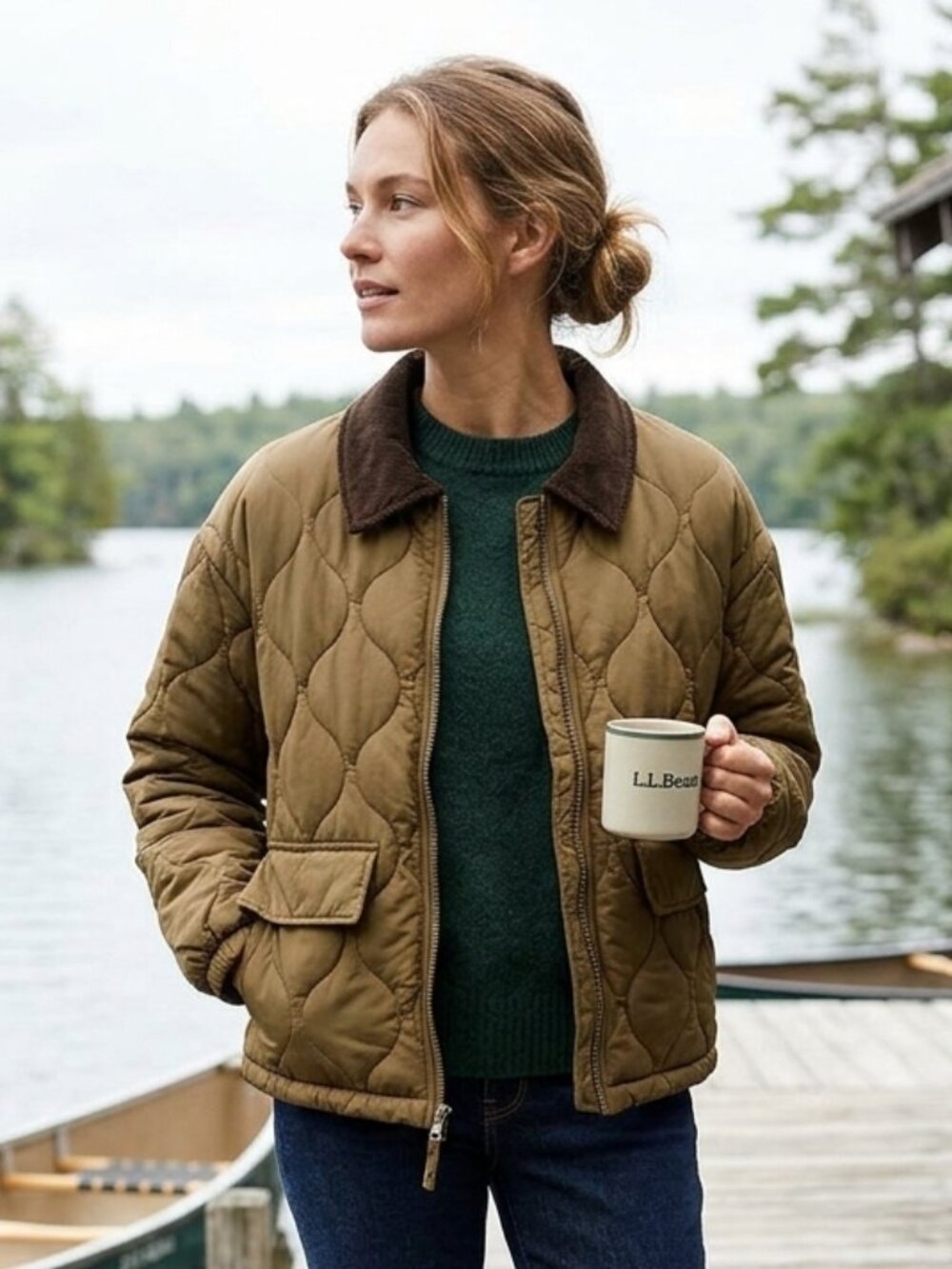L.L. Bean-Style Puffer Quilted Jacket with Corduroy Collar - Olive Green - S